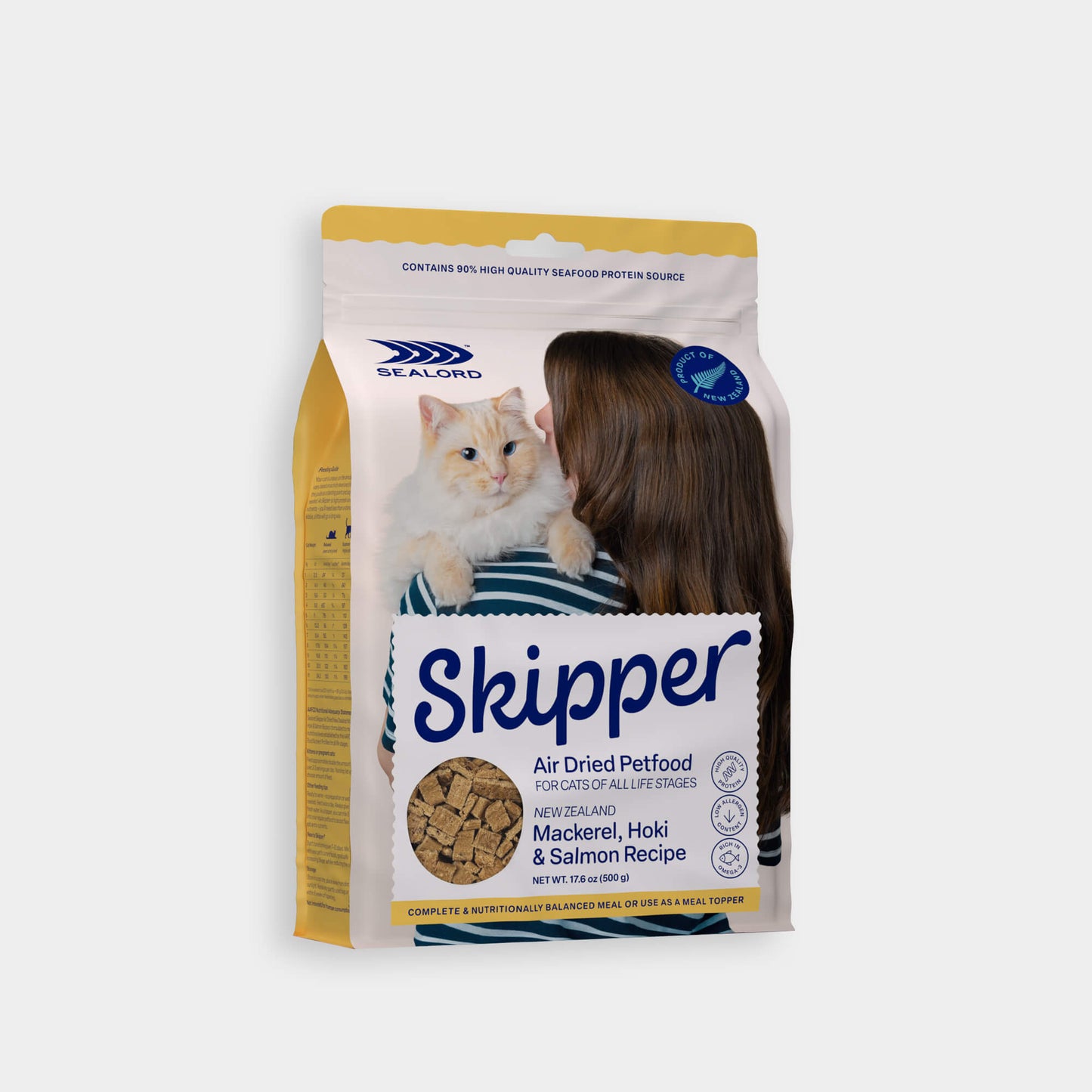 Skipper pet food package with a cat and person on the label