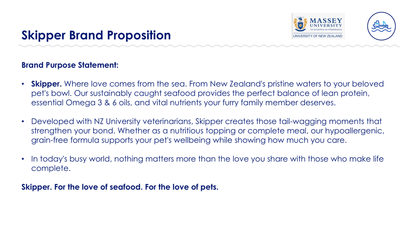 Skipper brand proposition with Massey University logo on a white background
